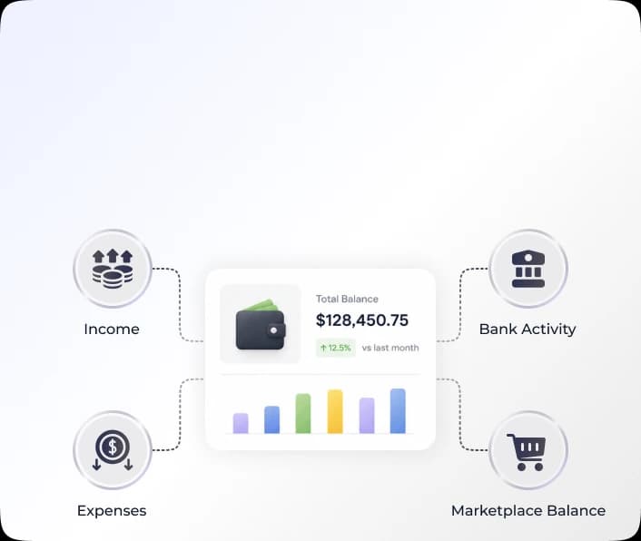 Income, expenses, bank activity, and marketplace balance overview