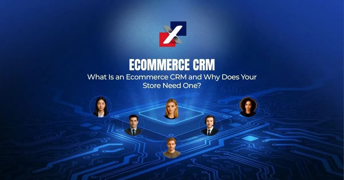 Image vedette de CRM e-commerce montrant des profils clients connectés sur un circuit imprimé numérique, illustrant ce qu'est un CRM e-commerce et pourquoi les boutiques en ligne en ont besoin
