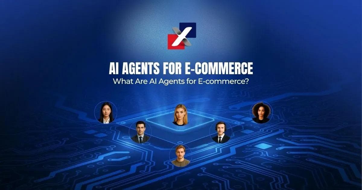 AI agents for e-commerce banner showing a diverse team connected across a glowing digital circuit board