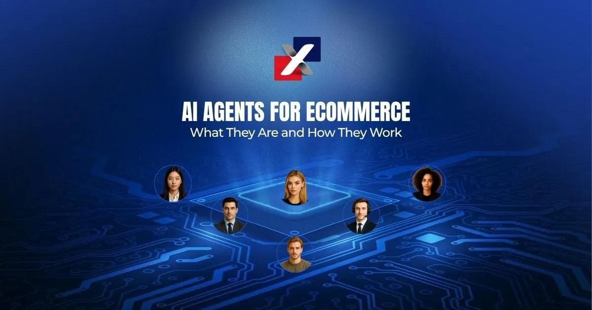 AI agents for ecommerce illustrated by diverse team avatars around a glowing processor on a blue circuit board