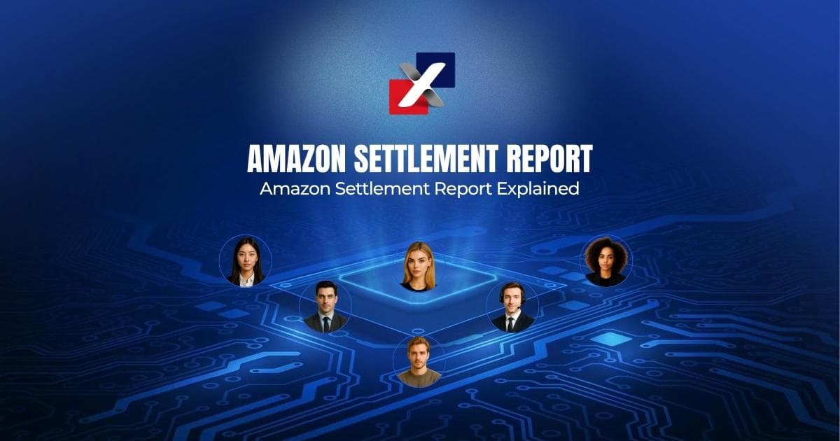Amazon settlement report explained — ExactFlow featured graphic showing a seller finance team on a circuit-board background