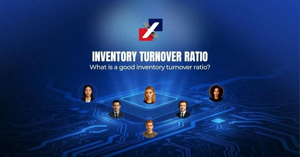 صورة رأس صفحة ExactFlow تحمل عنوان «ما هو معدل دوران المخزون الجيد؟» على خلفية زرقاء بنقش لوحة إلكترونية