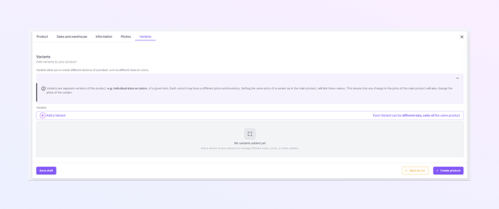 Variants Tab mockup