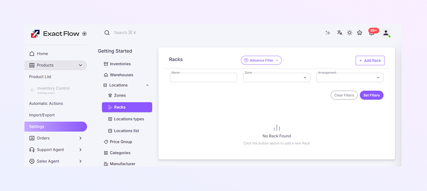 Racks Page Overview Module mockup