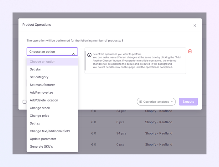 Product Operation dropdown mockup