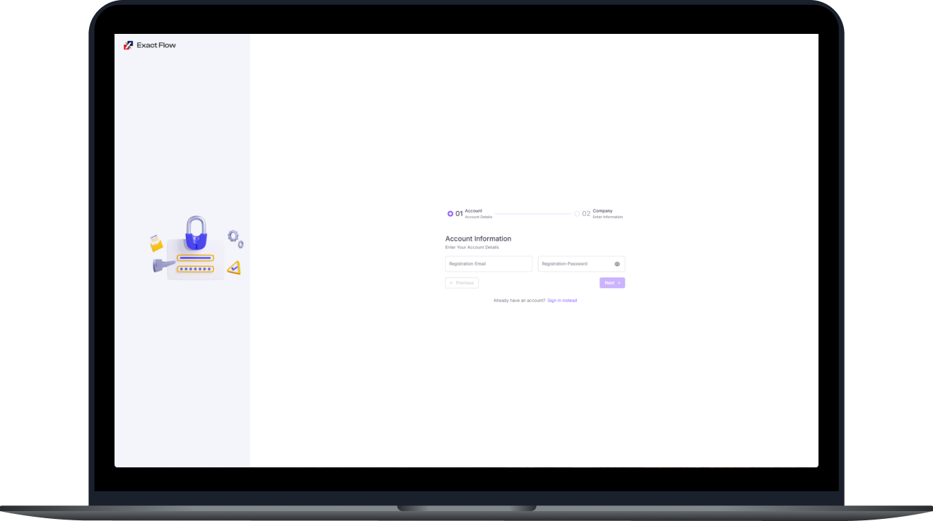 ExactFlow signup mockup