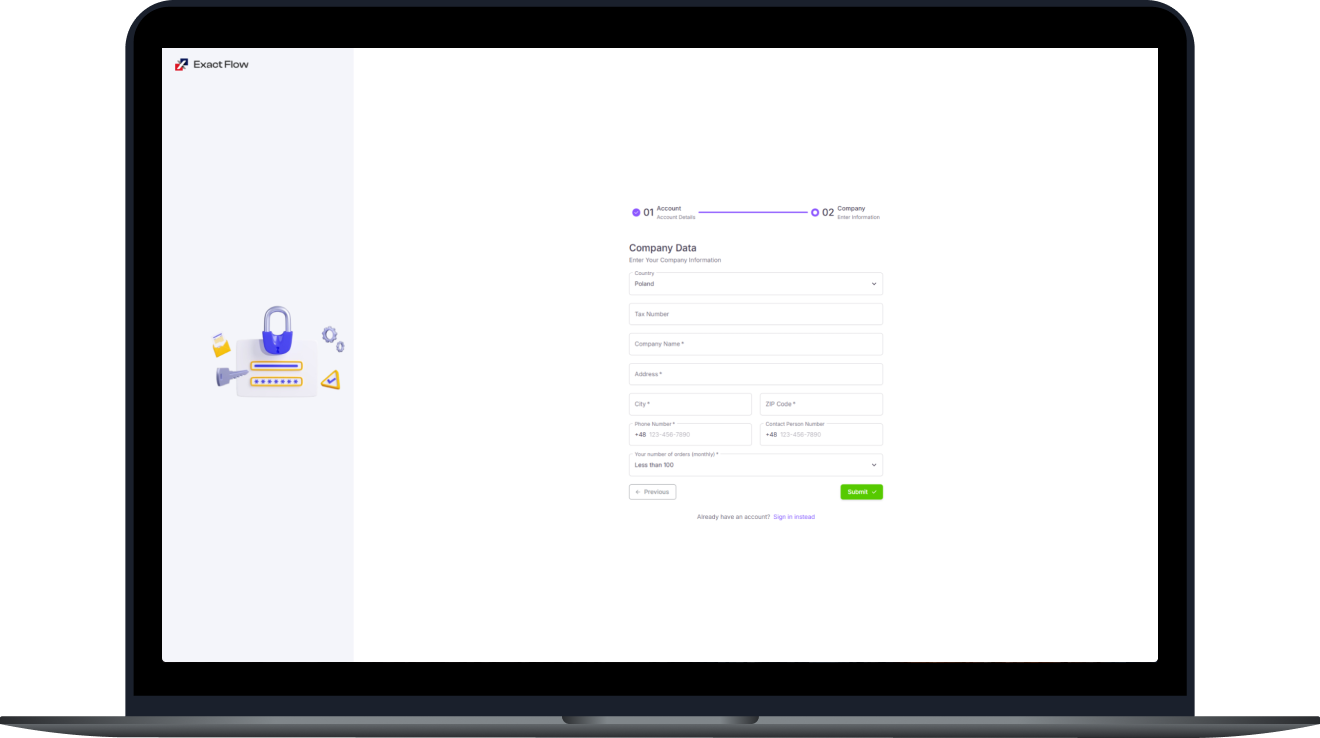 ExactFlow signup mockup