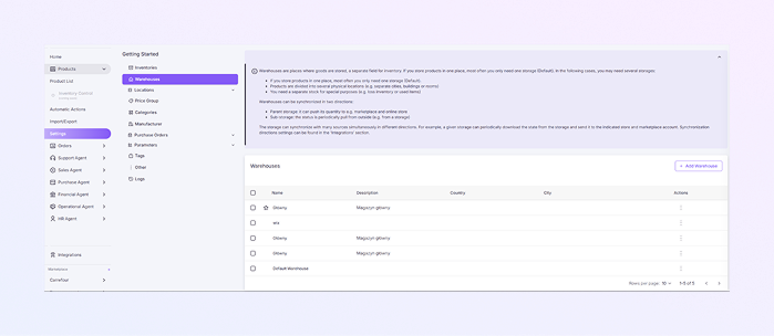 Warehouses List Page Module mockup
