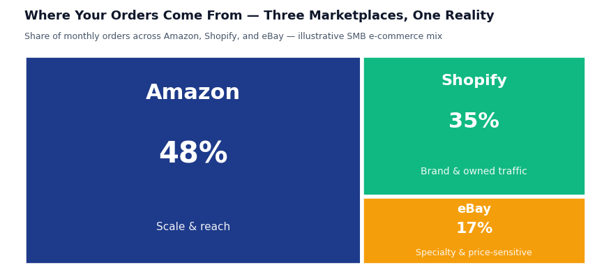 Treemap showing share of monthly orders across three marketplaces: Amazon at 48% for scale and reach, Shopify at 35% for brand and owned traffic, and eBay at 17% for specialty and price-sensitive buyers